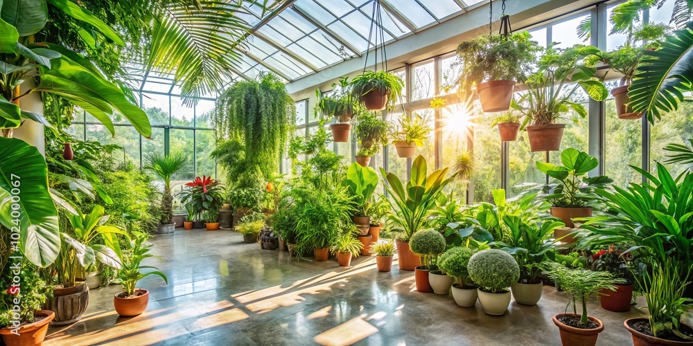 A sun-drenched greenhouse filled with lush, vibrant greenery, creating an oasis of tranquility and rejuvenation A sun-drenched greenhouse filled with lush, vibrant greenery, creating an oasis of tranquility and rejuvenation