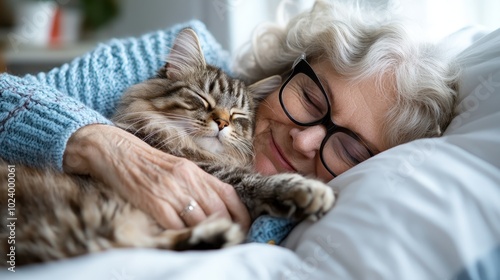 A joyful woman wearing glasses cuddles her furry cat companion on a bed, capturing a delightful and heartwarming moment of affection and comfort. photo