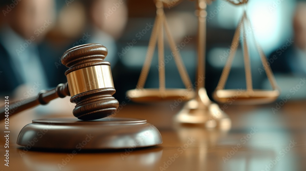 A wooden gavel sits prominently in the foreground with the scales of justice subtly blurred behind, suggesting an official legal setting and formal proceedings. A wooden gavel sits prominently in the foreground with the scales of justice subtly blurred behind, suggesting an official legal setting and formal proceedings.