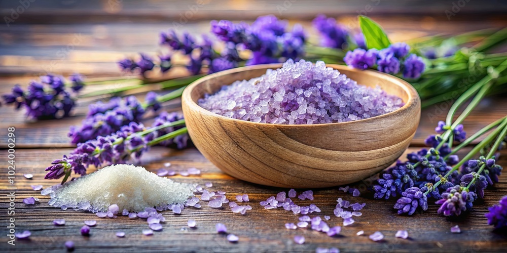 A wooden bowl brimming with lavender-infused bath salts, scattered crystals, and delicate sprigs of fragrant lavender blossoms on a rustic wooden surface. A wooden bowl brimming with lavender-infused bath salts, scattered crystals, and delicate sprigs of fragrant lavender blossoms on a rustic wooden surface.