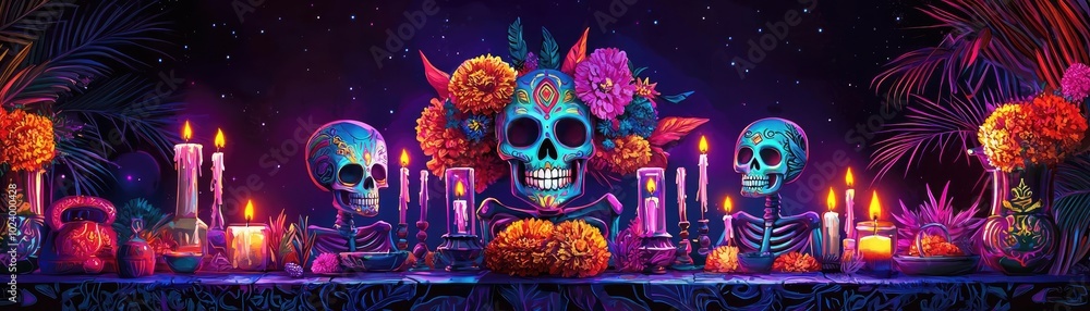 A vibrant altar scene featuring colorful skulls, candles, and flowers, capturing the essence of celebration and remembrance. A vibrant altar scene featuring colorful skulls, candles, and flowers, capturing the essence of celebration and remembrance.