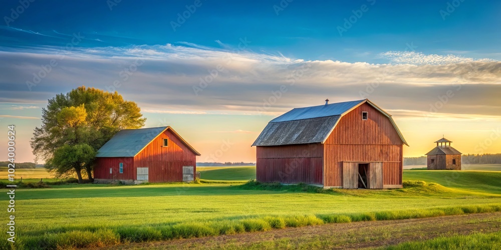 Red barns stand tall on a field of green, bathed in the golden glow of the setting sun, with a lone tree casting a shadow in the foreground. Red barns stand tall on a field of green, bathed in the golden glow of the setting sun, with a lone tree casting a shadow in the foreground.