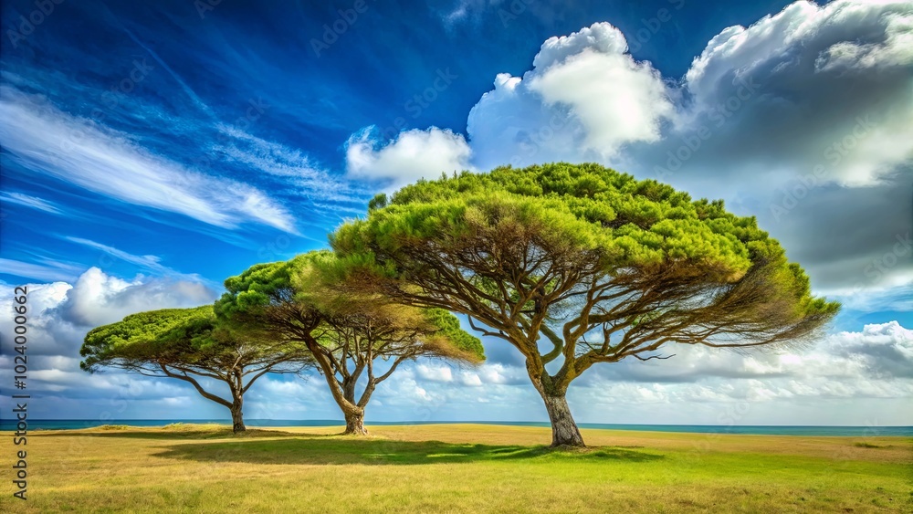 Three Trees Stand Tall Against a Bright Blue Sky and White Clouds Three Trees Stand Tall Against a Bright Blue Sky and White Clouds
