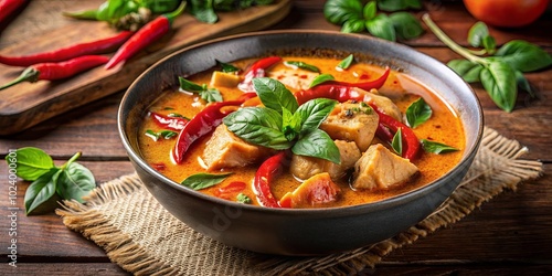 Aromatic Red Curry with Tender Chicken, Fragrant Basil, and Spicy Peppers Served in a Rustic Bowl