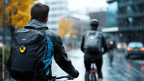 A cyclist is seen riding through a city during a light rain, wearing a backpack and navigating the wet roads with buildings and a bustling background present. photo