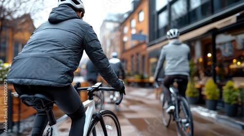 The image depicts cyclists pedaling through a bustling city street on a rainy day, wearing appropriate gear, surrounded by urban architecture and wet pavement.