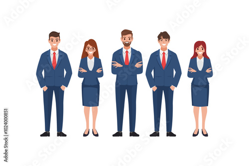 Corporate Team of Businesswoman and Businessman in Office Outfits Standing Together, Representing Leadership and Teamwork, Flat Vector Illustration premium design.