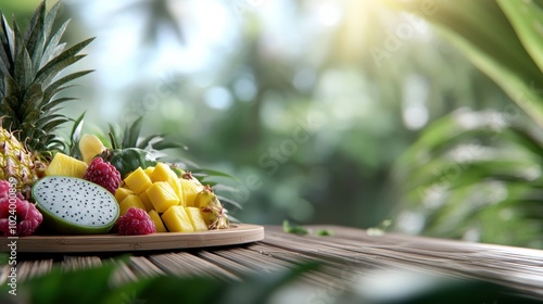 A luscious fruit platter brimming with tropical fruits like pineapples and dragon fruit, situated in a scenic outdoor location bathed in sunlight and nature’s beauty. photo