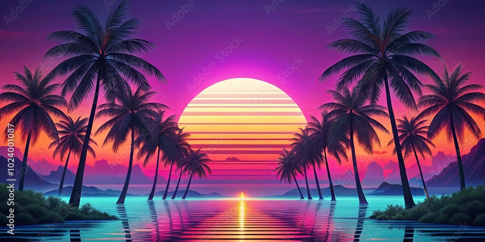 Silhouettes of palm trees stand tall against a backdrop of vibrant pink, orange, and blue hues, reflecting the ethereal glow of a stylized sunset in a tranquil tropical paradise. Silhouettes of palm trees stand tall against a backdrop of vibrant pink, orange, and blue hues, reflecting the ethereal glow of a stylized sunset in a tranquil tropical paradise.