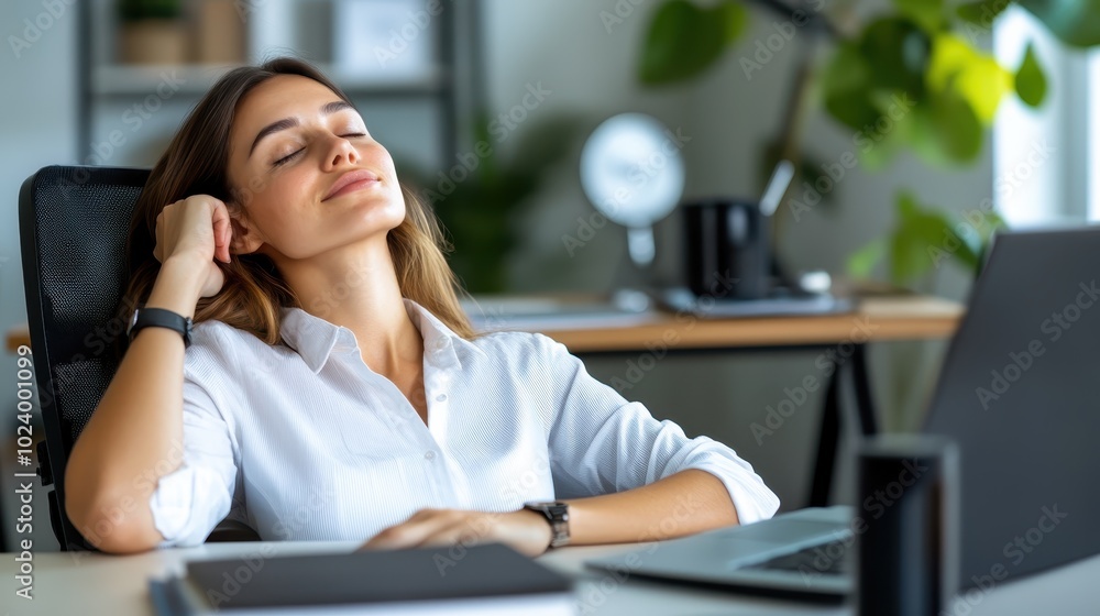 A serene woman leans back in her office chair, eyes closed, enjoying a peaceful break from work, in a modern office setting with various office items visible. A serene woman leans back in her office chair, eyes closed, enjoying a peaceful break from work, in a modern office setting with various office items visible.