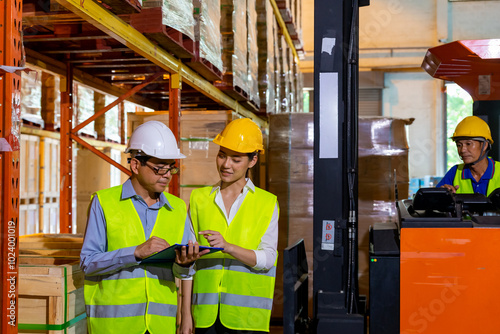 Asian man and woman warehouse worker meeting and discussion during working and checking inventory stock in distribution fulfillment center. Freight transportation logistic cargo business concept.