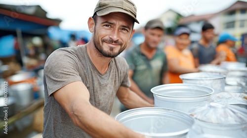 A diligent volunteer is pictured expertly organizing food supplies, embodying efficiency, care, and humanitarian values as they prepare essential goods for distribution. photo