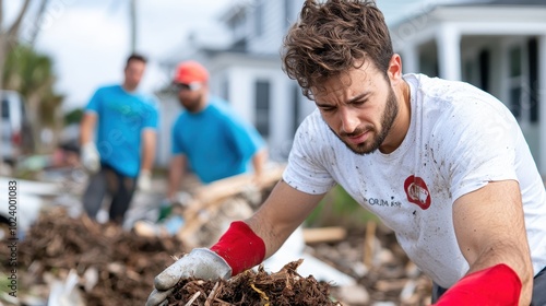 Volunteers determinedly clean debris in the aftermath, showcasing resilience and focused teamwork amidst the sunny backdrop of residential recovery and renewal. photo