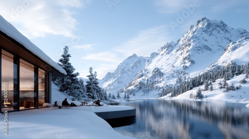 A lakeside cabin offers a stunning view of snow-capped mountains, surrounded by pine trees, reflecting in clear waters, creating a tranquil, idyllic scene. photo