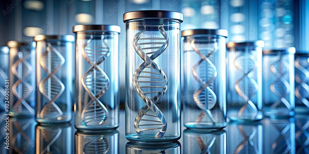 Fototapeta premium A Row of Glass Tubes Each Containing a Metallic Double Helix Shape, Scientific Discovery and Research