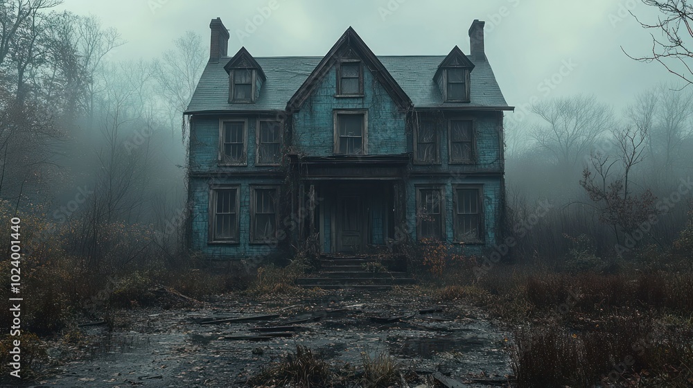 An abandoned, two-story, blue house with peeling paint stands in a foggy forest. The home is overgrown with plants. An abandoned, two-story, blue house with peeling paint stands in a foggy forest. The home is overgrown with plants.