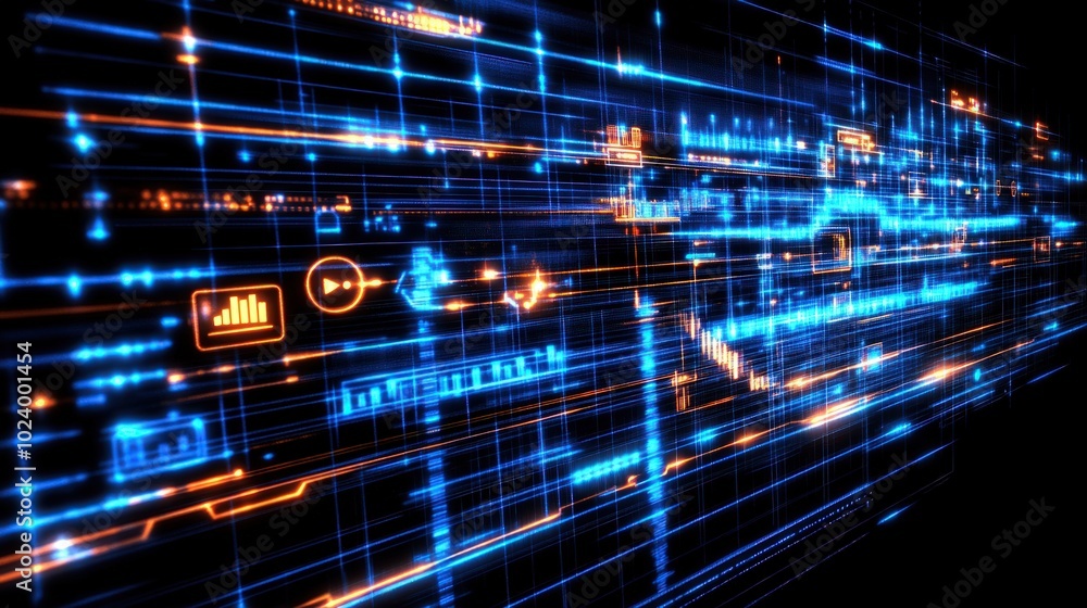 Fototapeta premium Abstract digital data flow background with blue and orange lights.