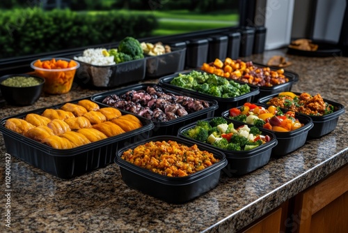 A kitchen counter covered with prepped meals in containers, featuring lean protein, vegetables, and complex carbs, ready for a week of muscle-building