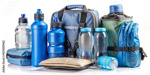 A collection of blue and clear water bottles, a backpack, a cooler bag, and a small zippered pouch, all arranged on a white background, representing the essentials for a day of outdoor exploration.
