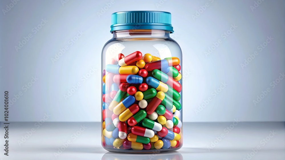 A glass bottle with a blue lid, filled to the brim with colorful capsules, resting on a reflective surface. A glass bottle with a blue lid, filled to the brim with colorful capsules, resting on a reflective surface.