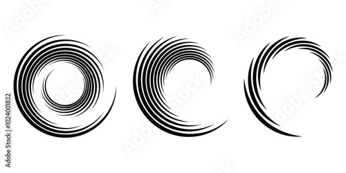 Set of black abstract lines in spiral form. Geometric art. Trendy design element for frame, logo, tattoo, sign, symbol, web, social media, prints, posters, template, pattern, background