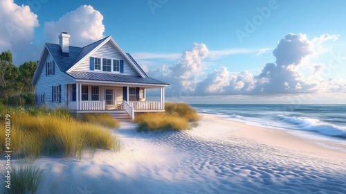 A charming white cottage sits on a sandy beach with ocean views.