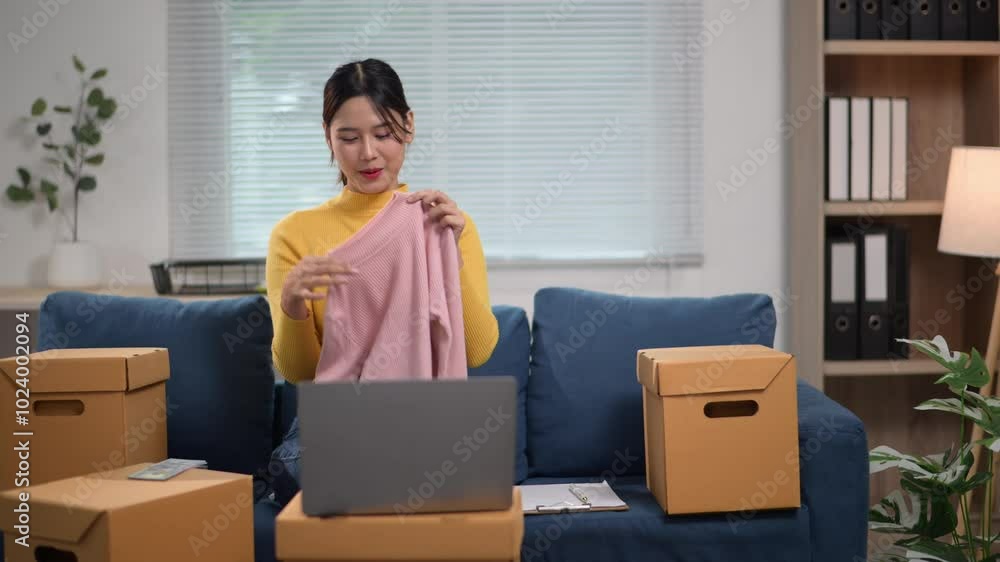 Asian female entrepreneur showing clothes Asian female entrepreneur showing clothes