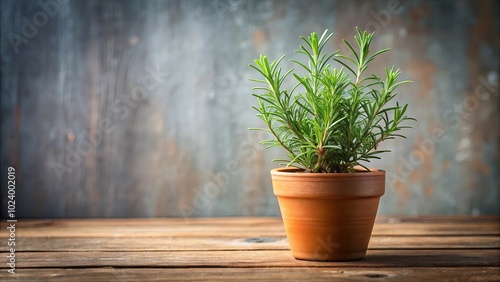 A potted rosemary plant, showcasing its lush green foliage, stands majestically on a weathered wooden tabletop, against a rustic backdrop of gray and brown hues.