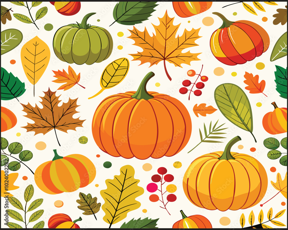 A playful pattern of pumpkins, gourds, and autumn leaves, arranged in a whimsical, swirling design with a light beige background A playful pattern of pumpkins, gourds, and autumn leaves, arranged in a whimsical, swirling design with a light beige background