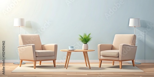 A tranquil living space with two armchairs  a coffee table  and a plant in a pot  inviting a moment of quiet relaxation