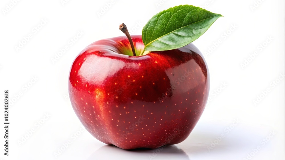 A single, perfectly ripe red apple with a vibrant green leaf, showcasing the beauty of nature's simplicity. A single, perfectly ripe red apple with a vibrant green leaf, showcasing the beauty of nature's simplicity.