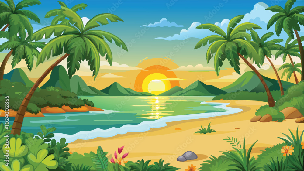 Stunning Sunset Beach Vector Art Golden Skies and Gentle Waves in a Tranquil Background Scene Stunning Sunset Beach Vector Art Golden Skies and Gentle Waves in a Tranquil Background Scene