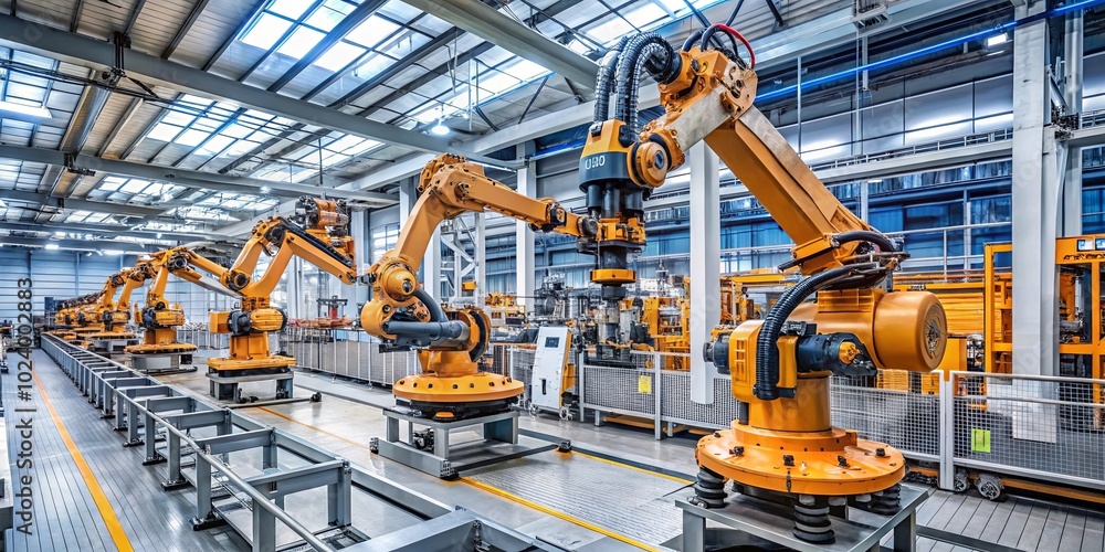 A line of automated robotic arms in a modern factory setting, demonstrating the efficient and precise nature of industrial automation.