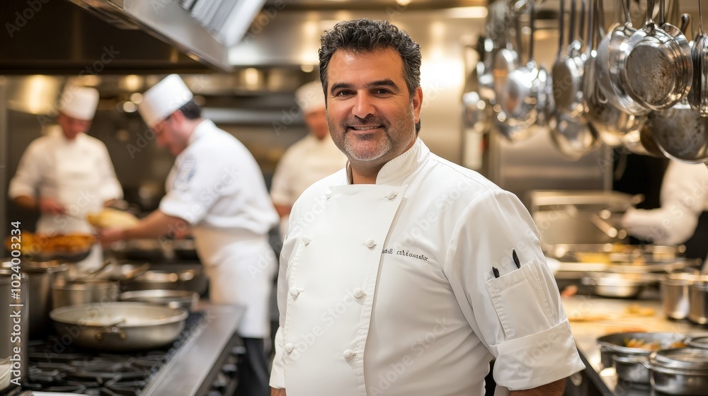 A chef in his mid-40s, slightly overweight, wearing a classic white uniform, standing proudly in the middle of a busy kitchen, pots and pans visible in the background. A chef in his mid-40s, slightly overweight, wearing a classic white uniform, standing proudly in the middle of a busy kitchen, pots and pans visible in the background.