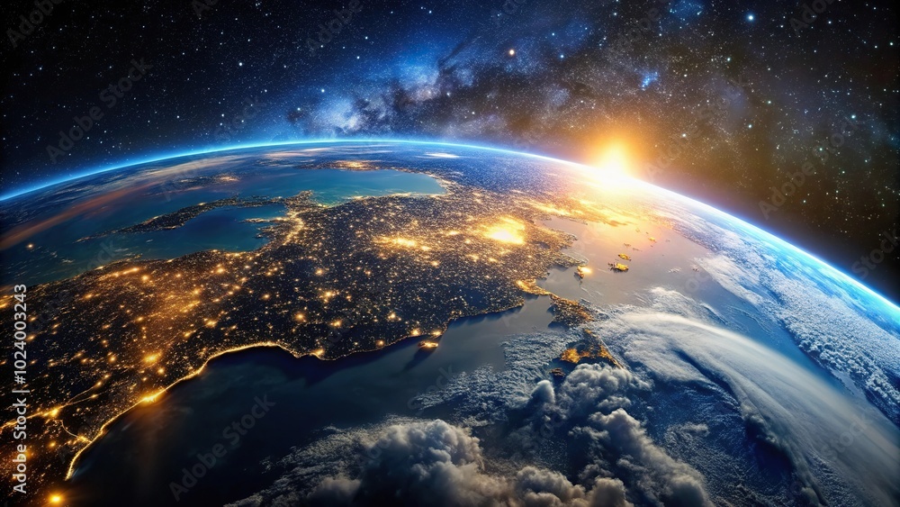 Fototapeta premium High angle nighttime earth perspective with bright cities and cloud patterns