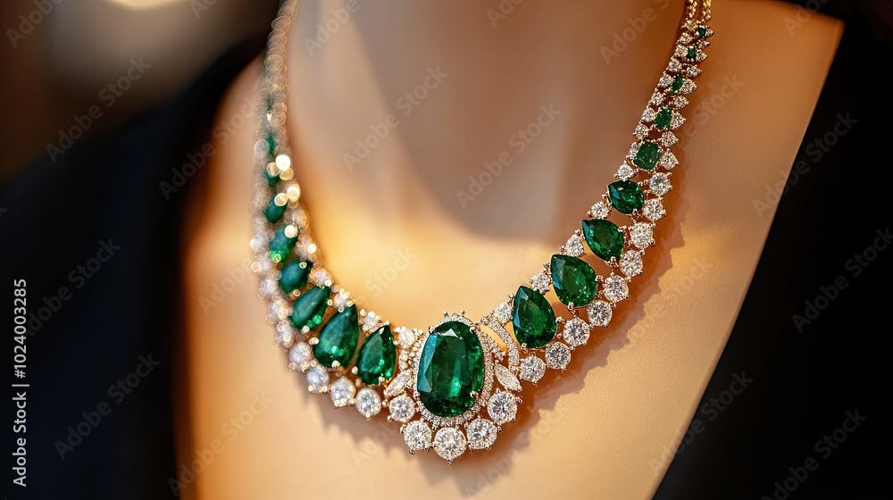 Classic emerald and diamond necklace in gold, exuding elegance and grandeur, a masterpiece of luxury jewelry displayed beautifully.