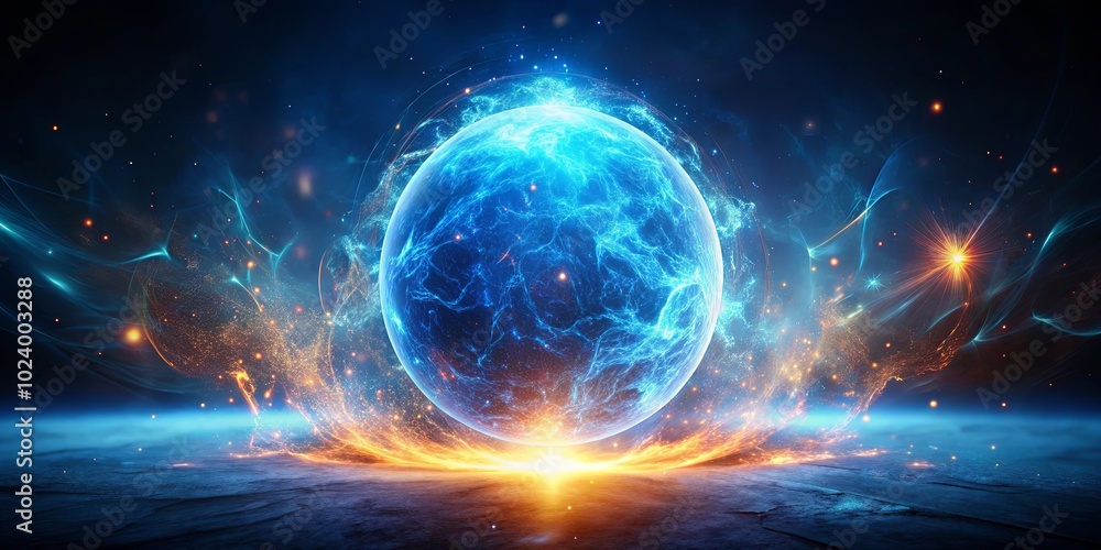 Obraz premium A celestial sphere of vibrant blue energy pulses with radiant light against a backdrop of swirling cosmic dust and shimmering stars.