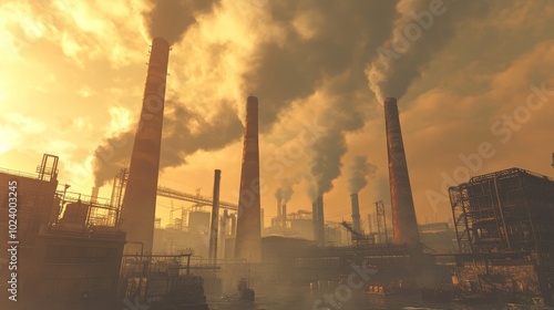 A large industrial factory with towering chimneys releasing thick clouds of smoke into the sky photo