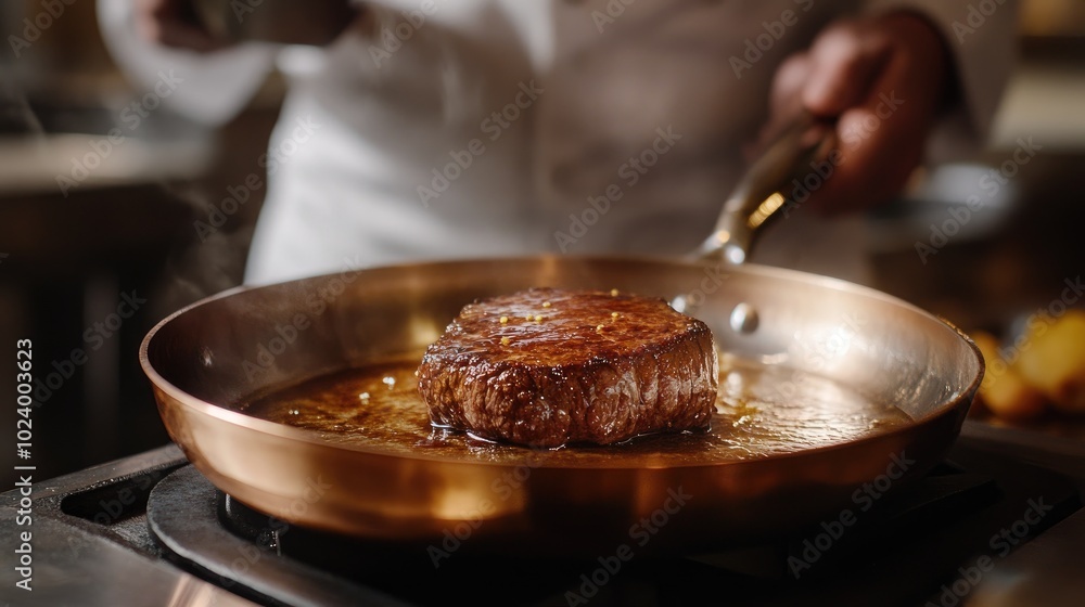 Close-up of a chef searing meat in a copper pan, with a warm kitchen backdrop, capturing the essence of high-end culinary craftsmanship. Close-up of a chef searing meat in a copper pan, with a warm kitchen backdrop, capturing the essence of high-end culinary craftsmanship.