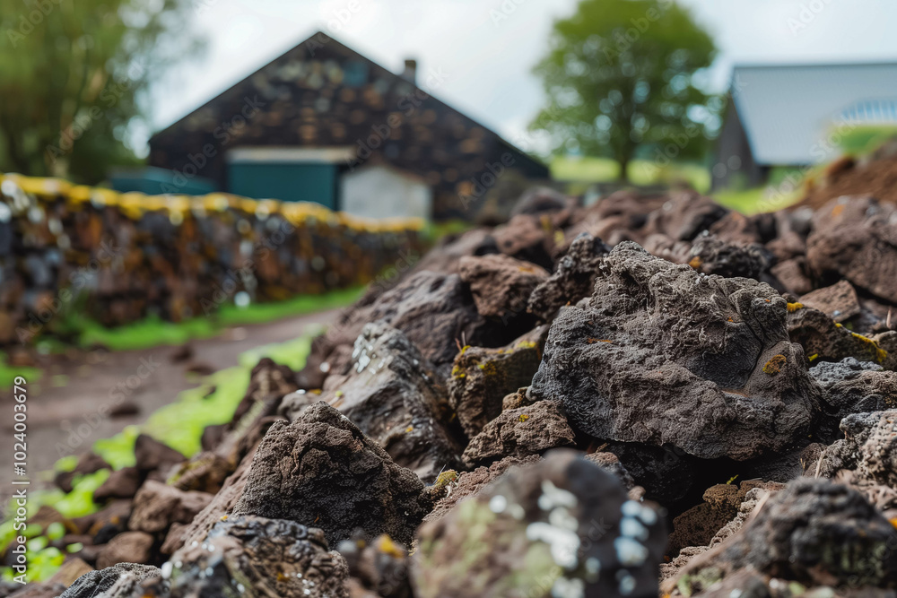 Dried lumps of peat in front of a whisky distillery. Peat is used to dry the malted barley. It gives the whisky a distinctive smoky flavour. Dried lumps of peat in front of a whisky distillery. Peat is used to dry the malted barley. It gives the whisky a distinctive smoky flavour.