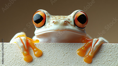 Close-up of a cute white and orange tree frog peeking over the edge photo