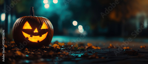 orange jack-o-lantern pumpkin halloween holiday on ground in the dark background glowing bokeh lights blue night leaves on the ground seasonal autumn backdrop space for copy text wide town street