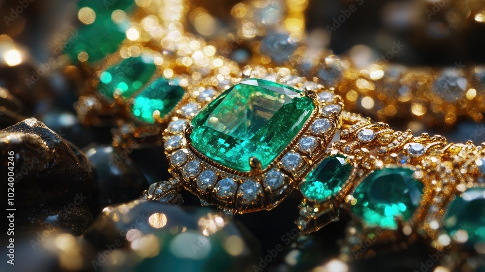 Close-up of a luxurious emerald necklace, set in gold with sparkling diamonds, capturing the richness of gemstones in a timeless jewelry piece. Close-up of a luxurious emerald necklace, set in gold with sparkling diamonds, capturing the richness of gemstones in a timeless jewelry piece.