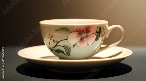 Large Simple Teacup with Flower Design on the Side, Resting on a Saucer