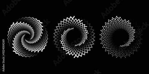 Set of white zigzag dotted lines in vortex form. Geometric art. Halftone dots. Trendy design element for logo, tattoo, sign, symbol, web, prints, posters, social media, template, pattern, background