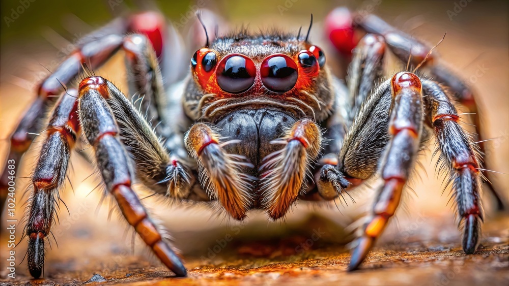 A Macro View of a Strikingly Colored Spider With Prominent Red Eyes and Strikingly Colored Legs on a Warm Brown Surface A Macro View of a Strikingly Colored Spider With Prominent Red Eyes and Strikingly Colored Legs on a Warm Brown Surface