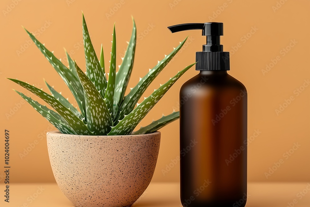 Aloe Vera Plant with Brown Skincare Bottle Aloe Vera Plant with Brown Skincare Bottle
