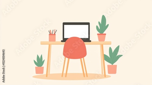 A minimalist home office setup with just a laptop on a simple wooden table, a chair, and a few green potted plants. photo