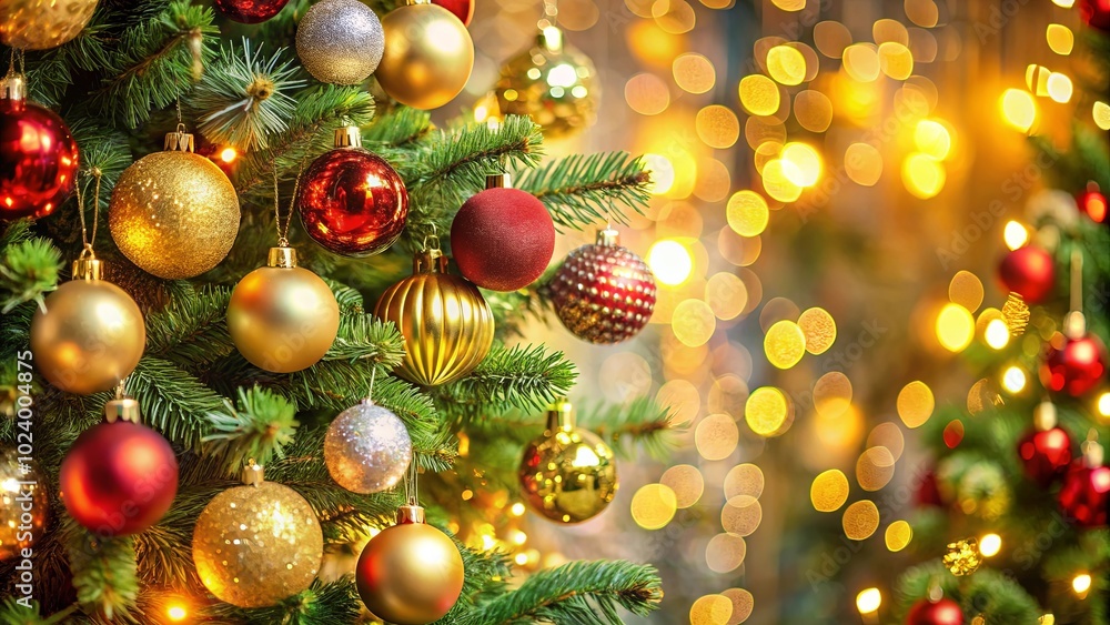 Golden and Red Ornaments Adorn a Festive Evergreen Tree, Bathed in a Warm Glow of Christmas Lights Golden and Red Ornaments Adorn a Festive Evergreen Tree, Bathed in a Warm Glow of Christmas Lights