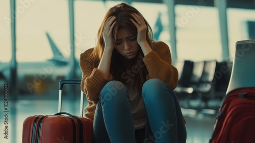 A sad and angry female passenger holding her head in her hands while sitting in an airport lounge, her suitcase on the floor next to her. photo